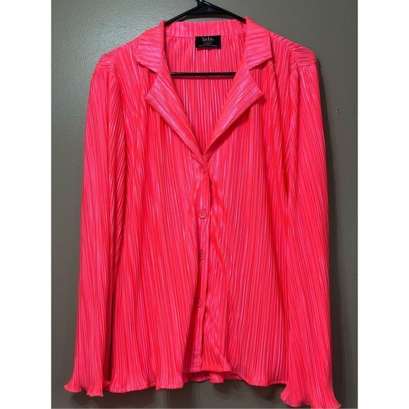 NWOT Dressed in LALA ORIGINAL Long Sleeve Electric Pink Plissé Set Women's Small - Picture 2 of 13